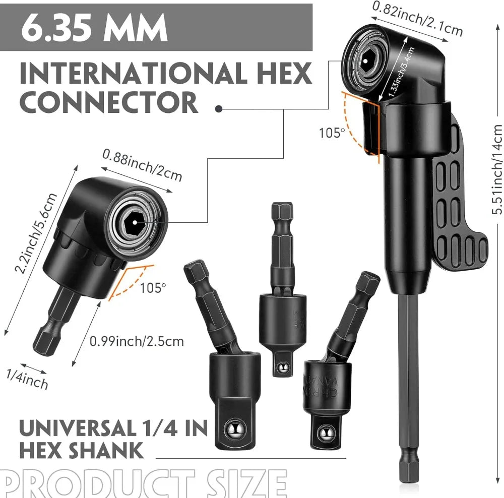 Flexible Right Angle Drill Bit Extension Set with Universal Socket Adapter