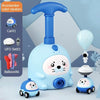 A light blue balloon-powered racing car toy with a cute face is shown next to various accessories.
