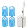 A set of blue disposable toilet brush heads and a white wall-mounted holder.