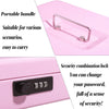 A pink lockable cash box with a portable handle and a security combination lock.