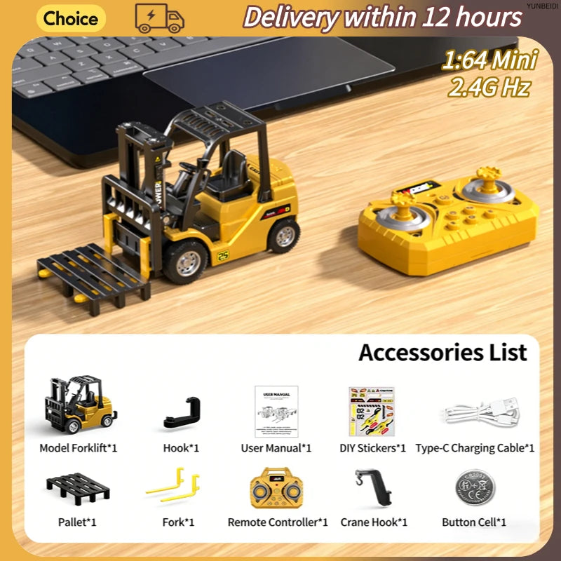 A yellow 1:64 scale remote control forklift with a trailer and various accessories displayed on a wooden surface.
