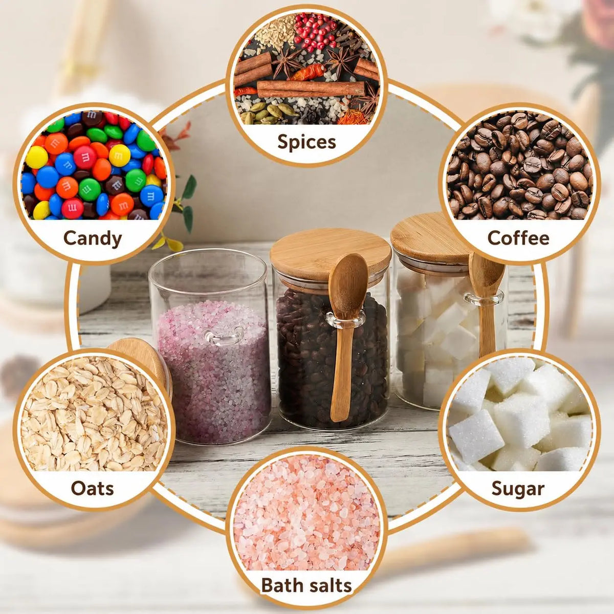 A collection of ingredients including candy, spices, coffee beans, oats, bath salts, and sugar stored in airtight glass jars 