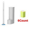 A white disposable toilet brush and holder set with a yellow foam brush head, showing the product and a 6 count packaging lab