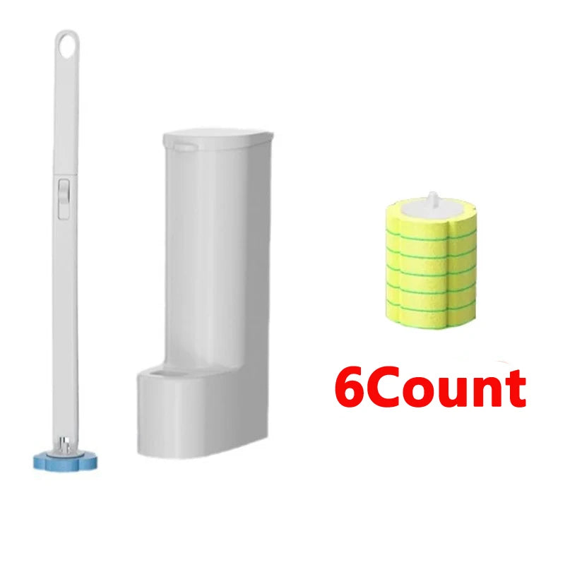 A white disposable toilet brush and holder set with a yellow foam brush head, showing the product and a 6 count packaging lab