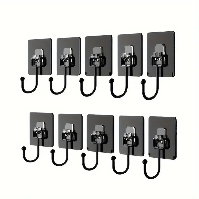 A set of black adhesive hooks for kitchen, bathroom, and storage use