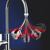 A chrome kitchen faucet adapter with a rotating head and multi-flow settings is shown against a dark background.