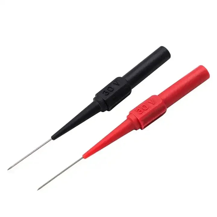 A set of ten multimeter back-piercing test probes with needle tips, shown in black and red.