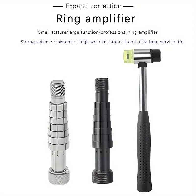 A silver ring amplifier tool shown next to a hammer and various sizing components.