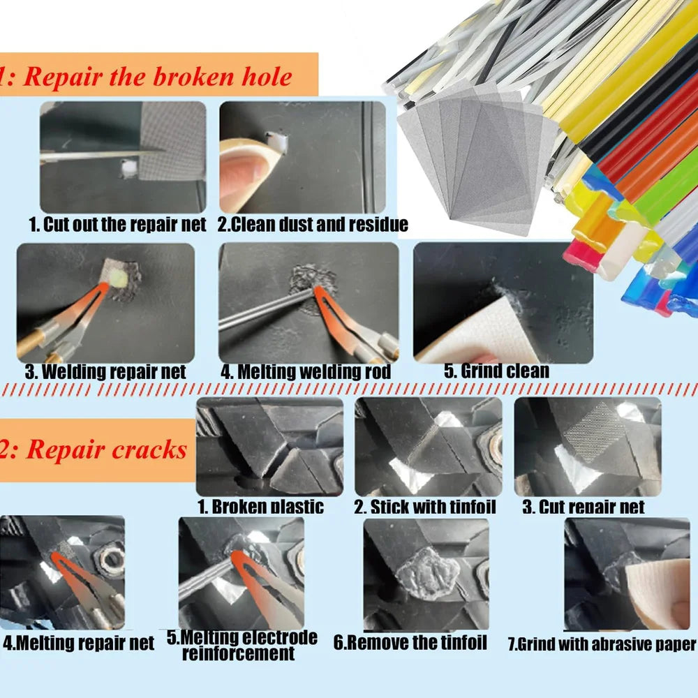 A set of tools and steps demonstrating how to repair broken holes and cracks in plastic using a welding kit.