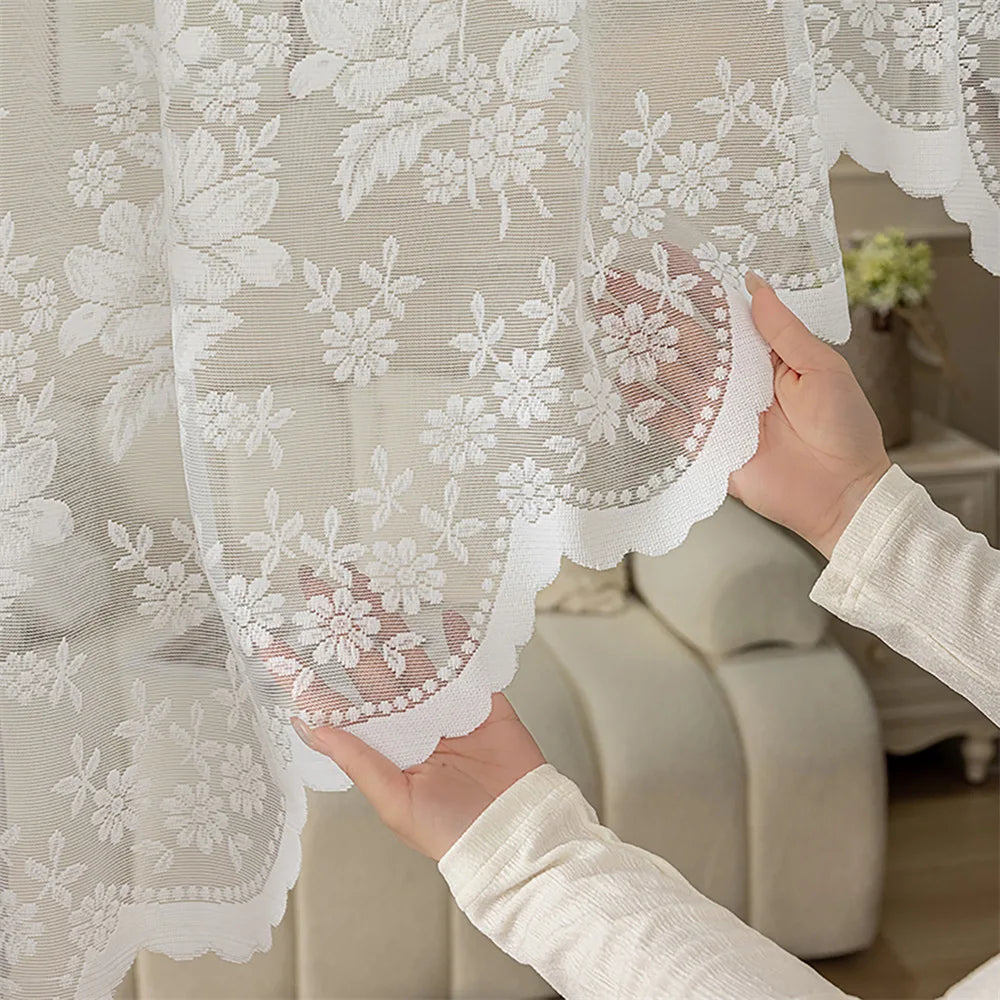 White Sheer Lace Curtain Valance with Floral Jacquard Pattern
