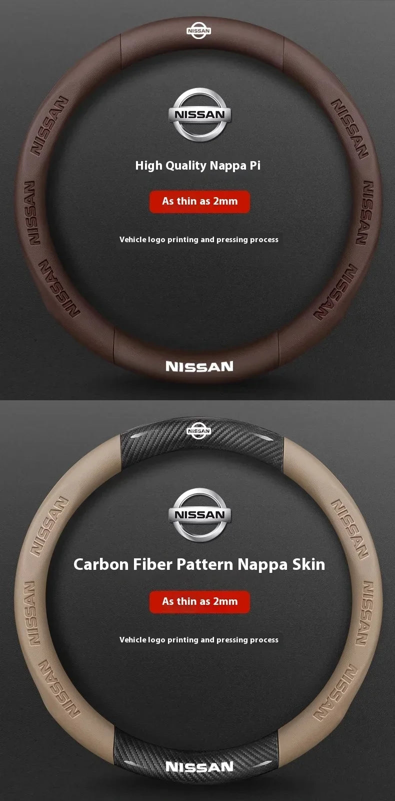A close-up view of a brown carbon fiber patterned nappa skin steering wheel cover for a Nissan vehicle.