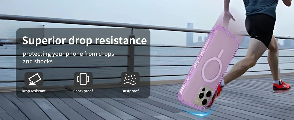 Pink magnetic heavy-duty phone case demonstrating superior drop resistance, shockproof, and dustproof features.