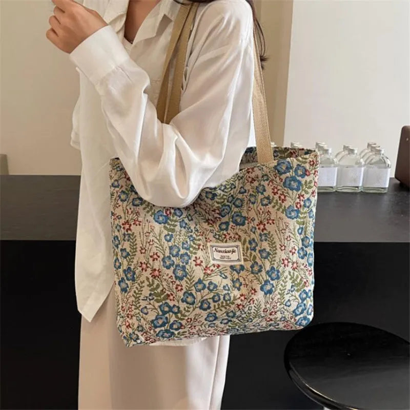 Floral Embroidery Canvas Tote Bag