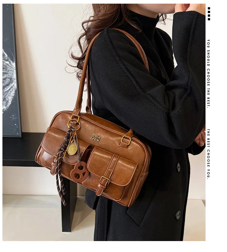 Women's Retro PU Leather Shoulder Bag with Multiple Pockets & Detachable Charm