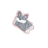 A gray and white cartoon fox dog hanging hand towel with pink edges.