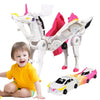 A young child is sitting next to a white unicorn toy and a pink car toy.