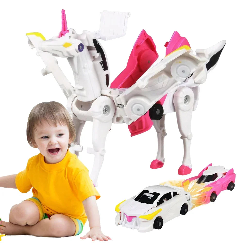 A young child is sitting next to a white unicorn toy and a pink car toy.