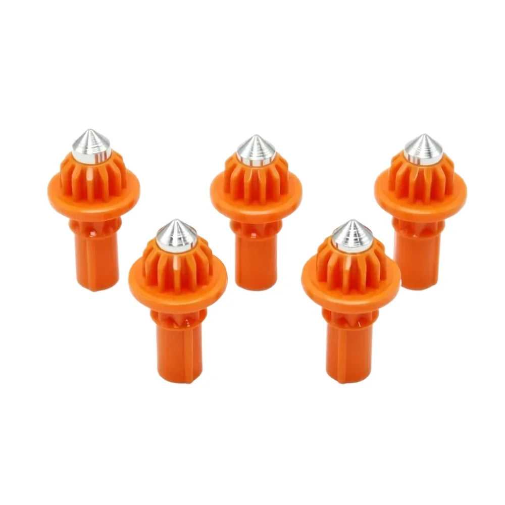 A set of five orange replacement drivers for a battling top, featuring silver tips.