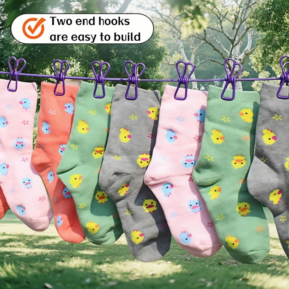 A line of pink, orange, green, and gray socks hanging on a purple clothesline with hooks.