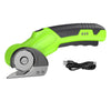 A bright lime green cordless rotary scissors tool with a black grip and silver blade attachment.