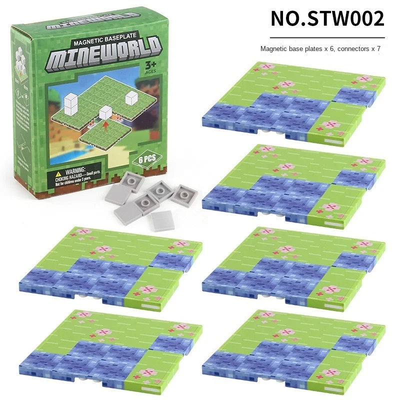 A box of Magnetic Baseplate Mineworld building blocks with six green magnetic base plates and seven connectors.