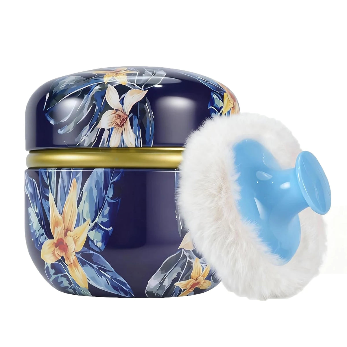 A dark blue refillable loose powder container with a gold band and a fluffy light blue travel puff.