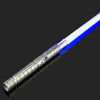 An RGB metal lightsaber with a silver hilt and a blue glowing blade, shown diagonally against a dark background.