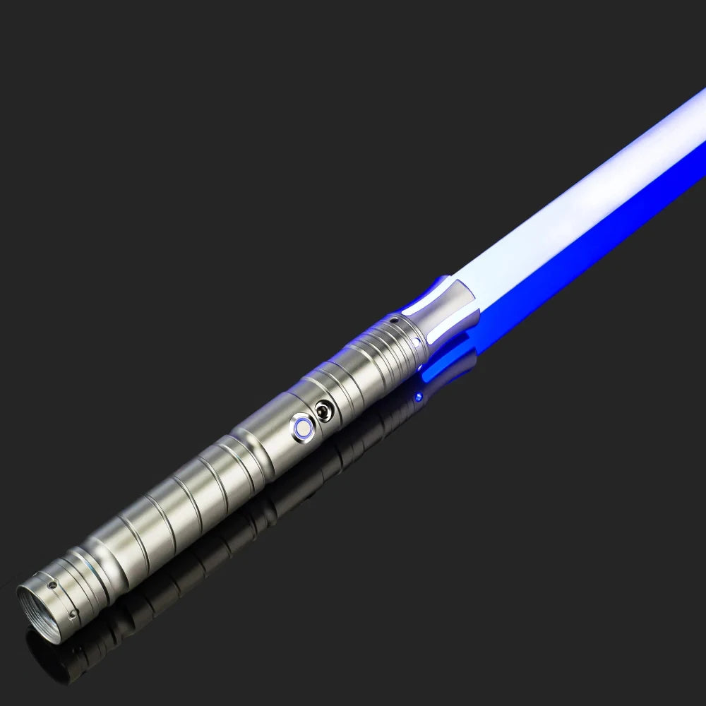An RGB metal lightsaber with a silver hilt and a blue glowing blade, shown diagonally against a dark background.