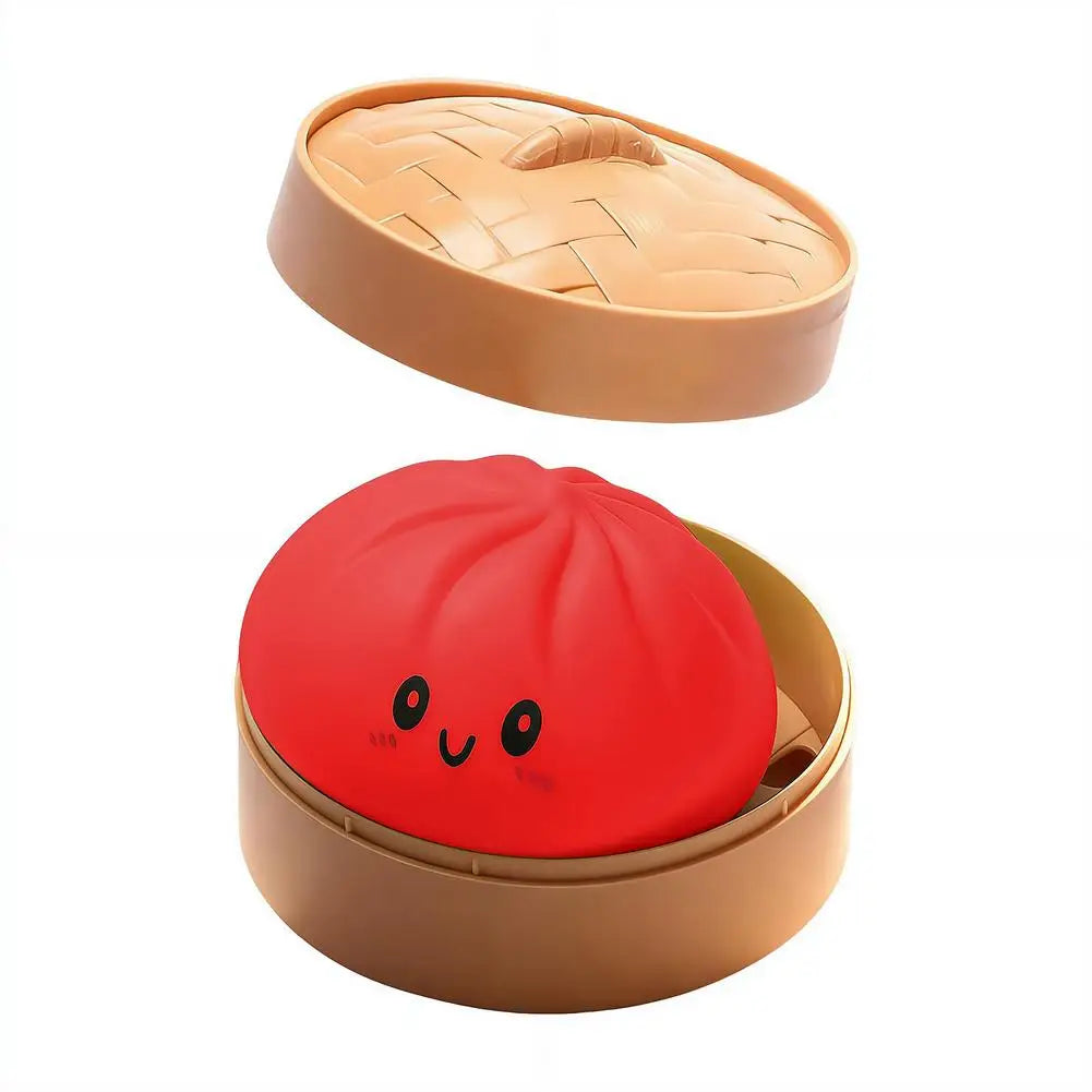 A red bunny steamer squeeze toy is shown inside a light brown, round container.