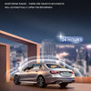 A silver sedan is shown in a city setting with text promoting 24 hours parking monitoring.