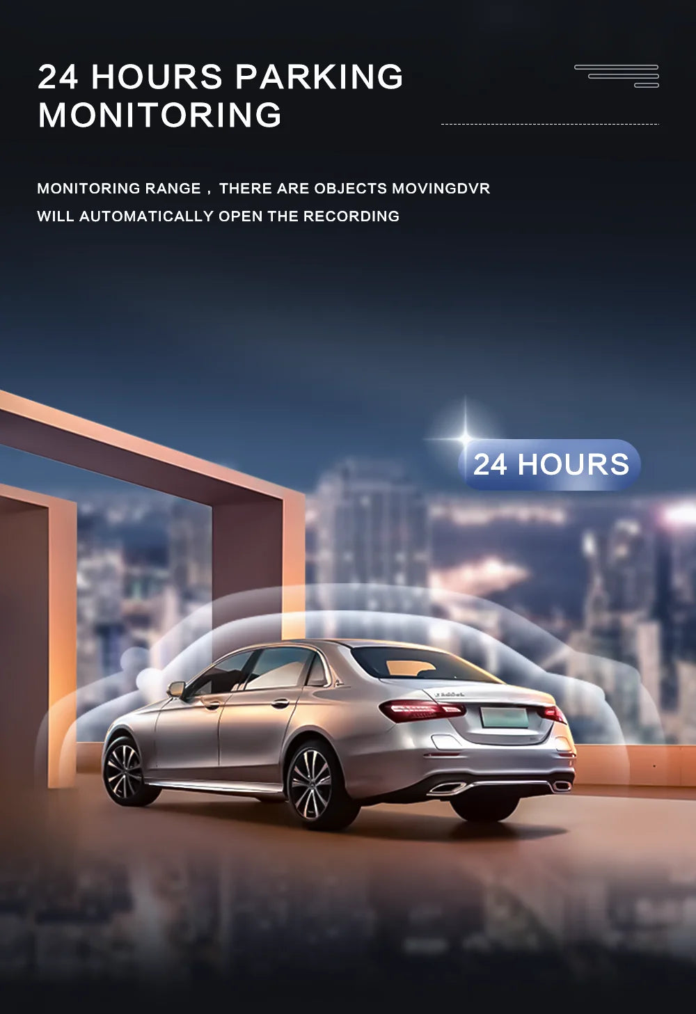 A silver sedan is shown in a city setting with text promoting 24 hours parking monitoring.