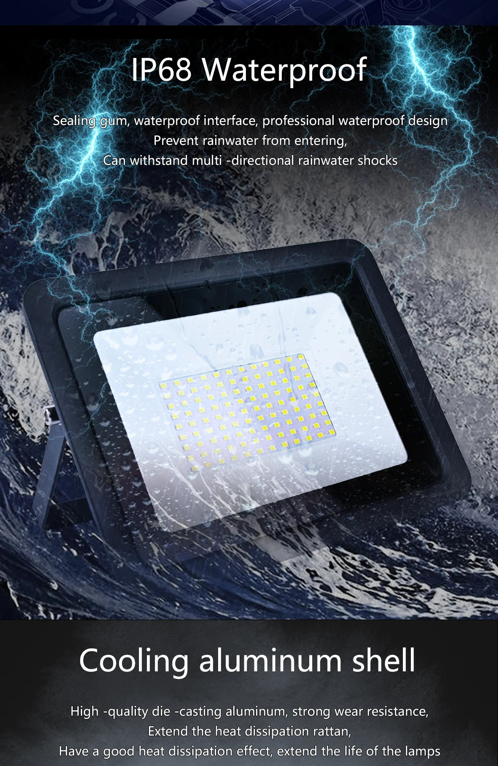 An LED flood light housed in a cooling aluminum shell, designed for waterproof outdoor use.