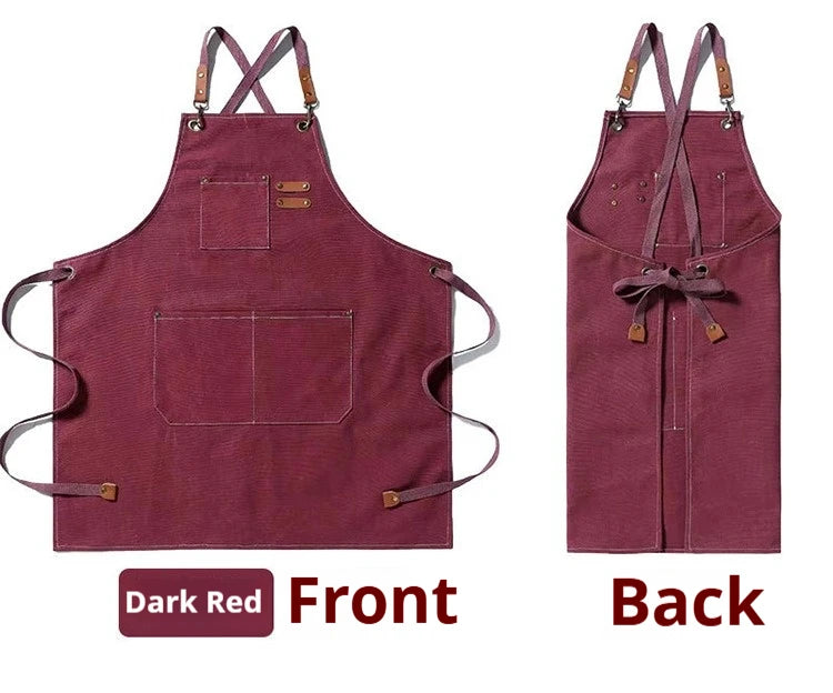 Dark red cotton canvas apron shown from the front and back views