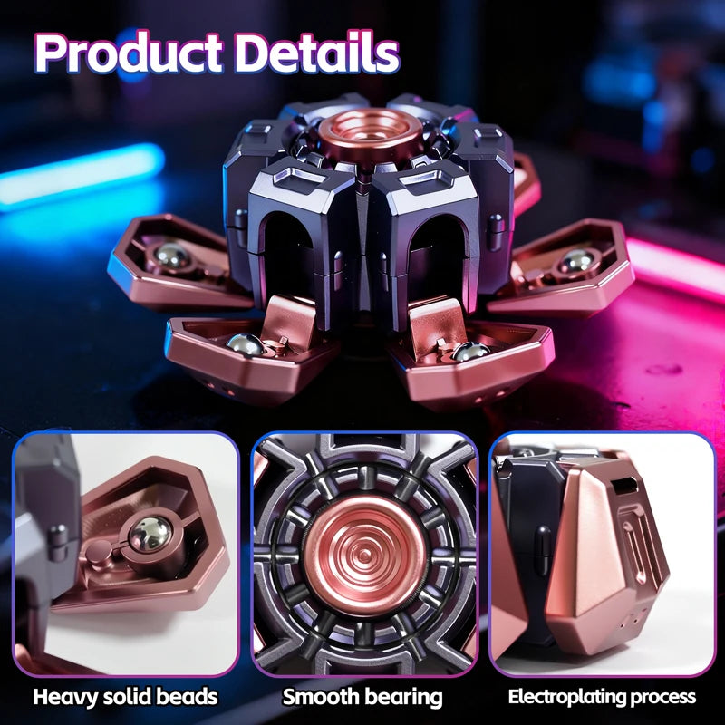 A close-up view of a metallic fidget spinner with rose gold accents showing its construction and finishing process.