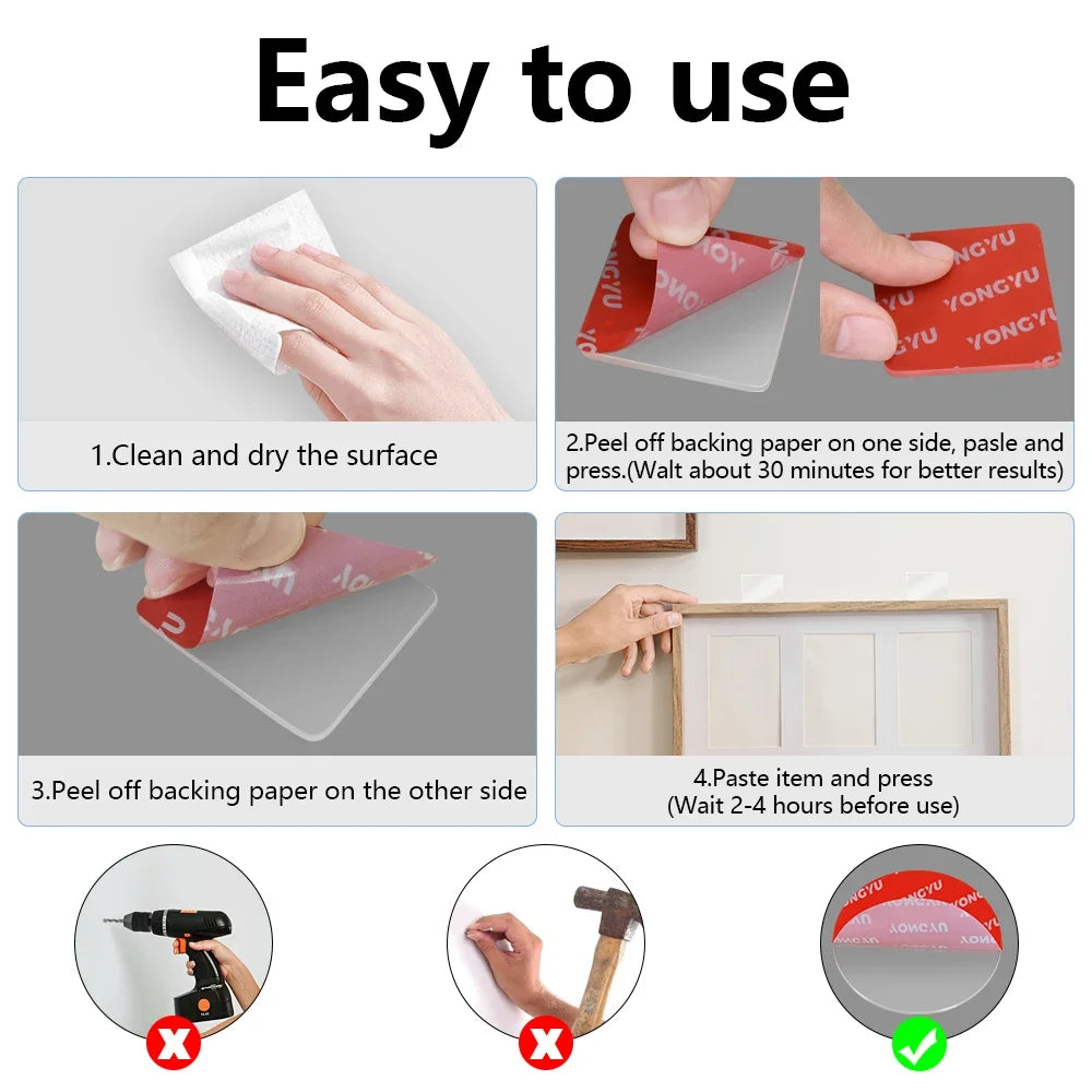 Instructions showing how to use heavy-duty double-sided adhesive pads for mounting car accessories.