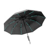 A black reinforced windproof umbrella with glowing cyan trim, shown open.