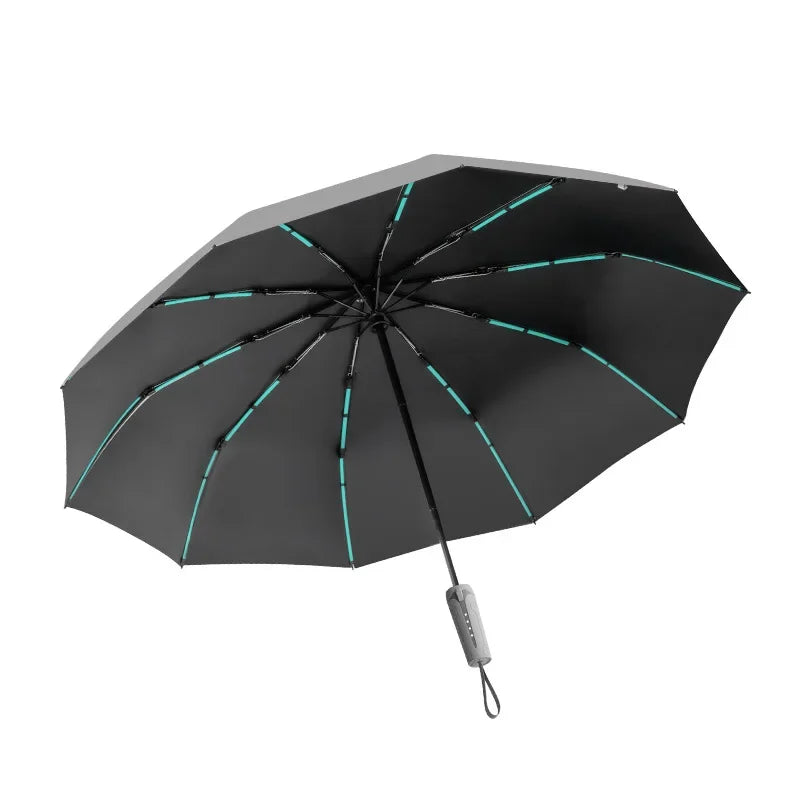 A black reinforced windproof umbrella with glowing cyan trim, shown open.