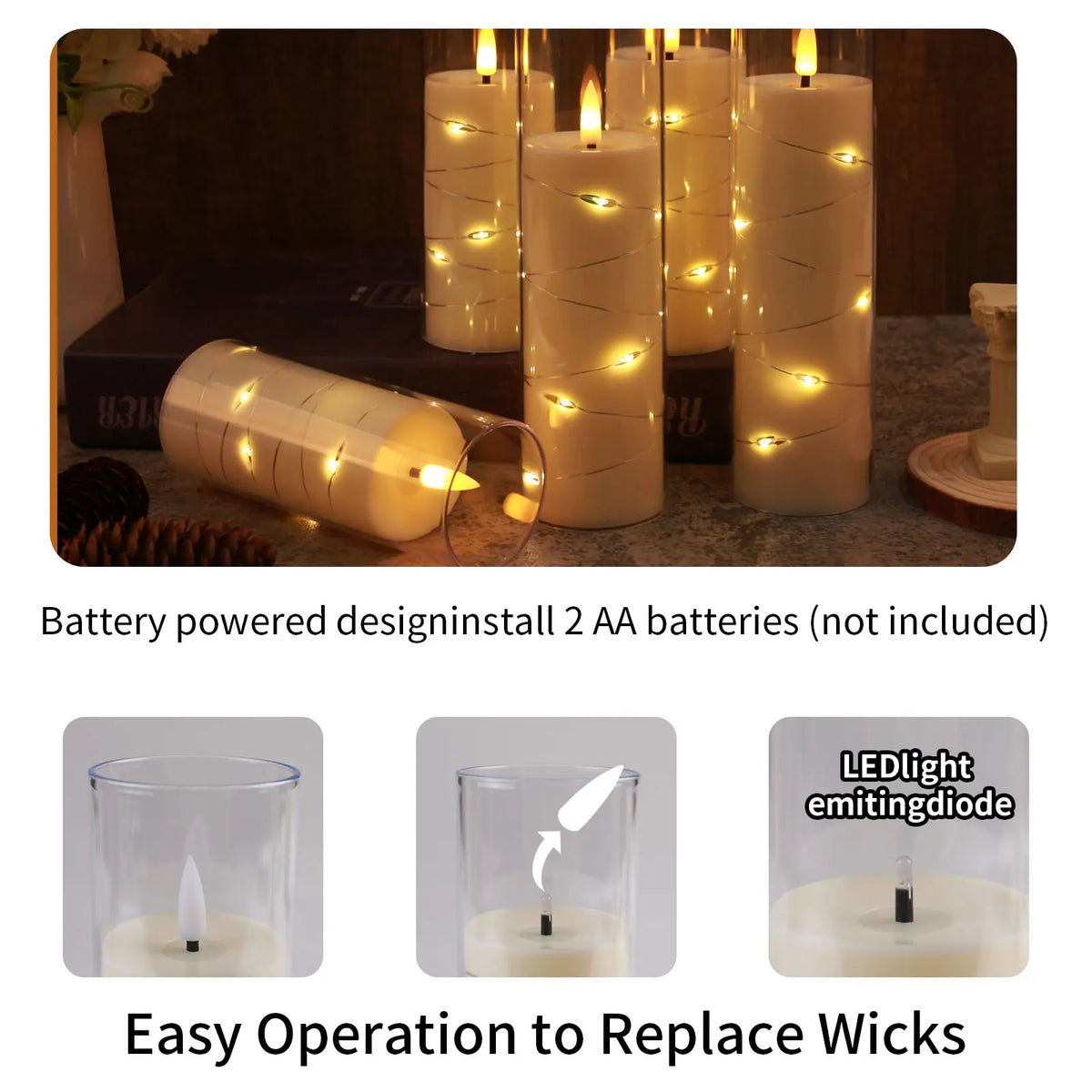 Flameless LED candle set with twinkling string lights and a white candle in a glass holder.