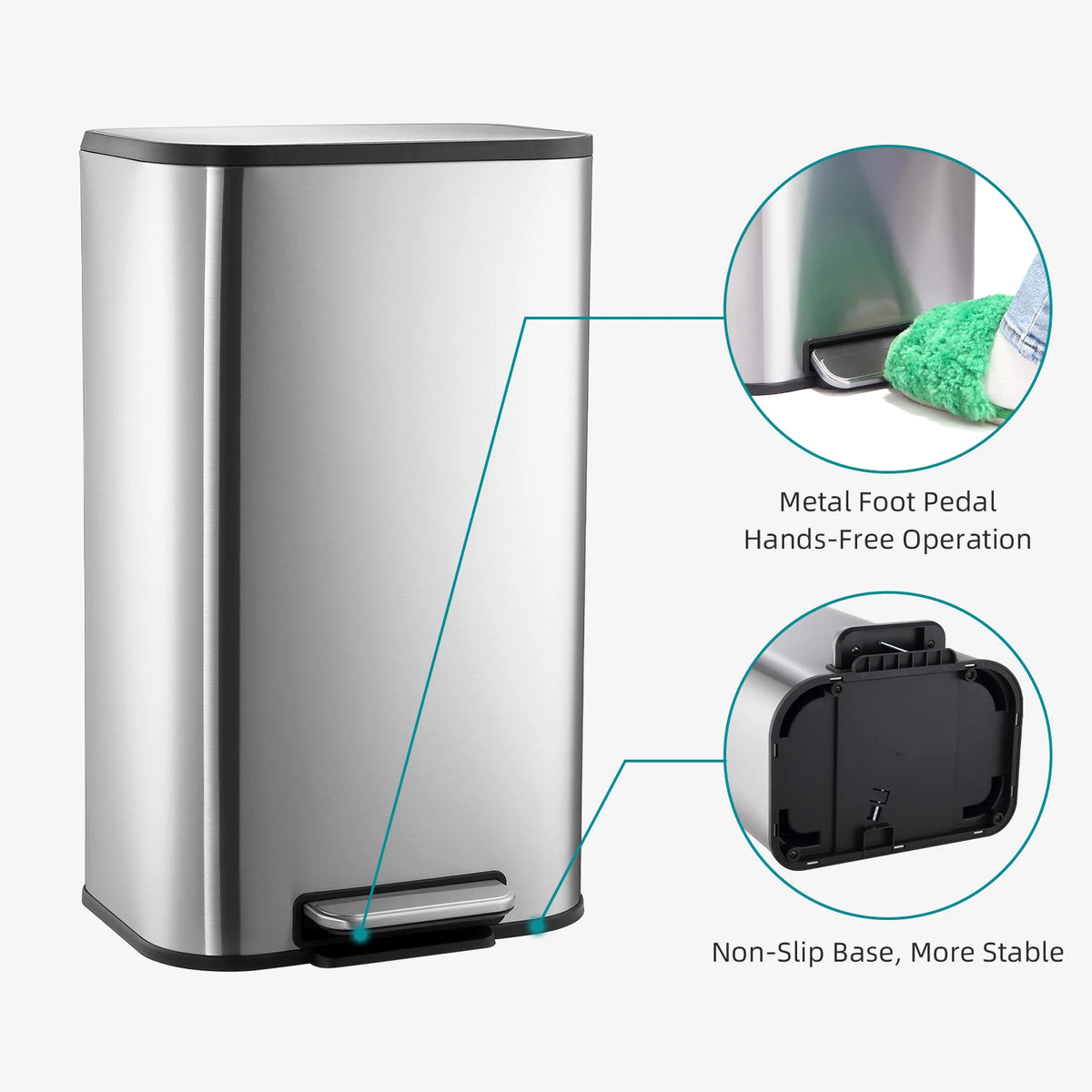 Stainless steel trash can with a metal foot pedal and non-slip base for hands-free operation