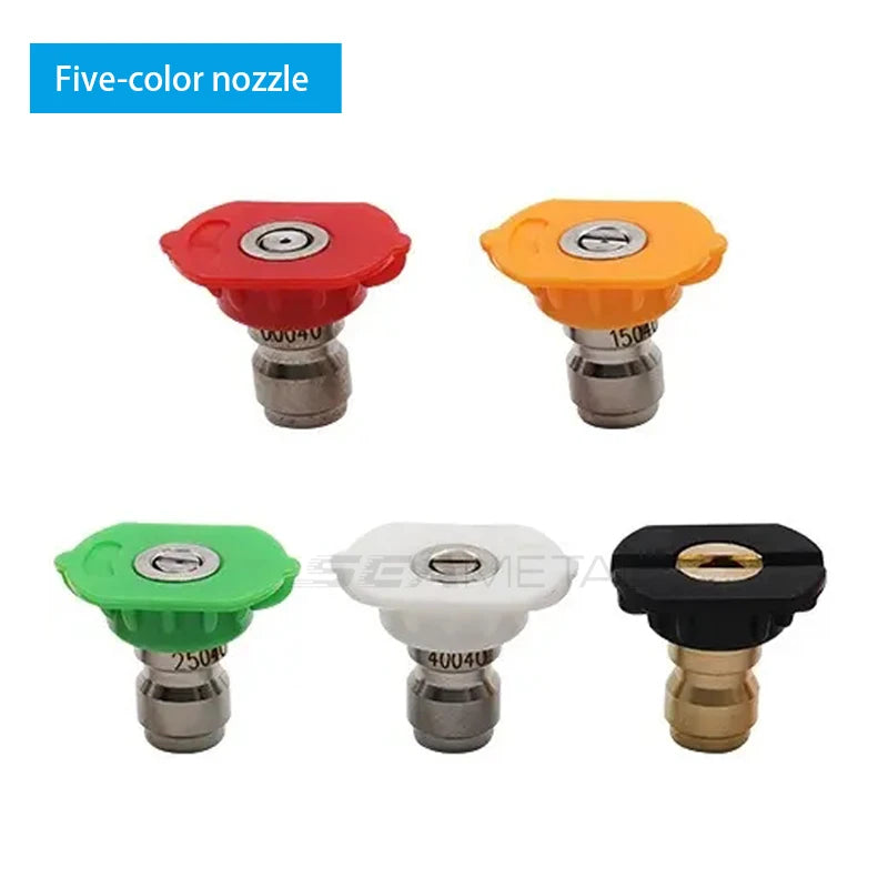 Five-color nozzles for a high-pressure car wash gun, shown in red, orange, green, and black.