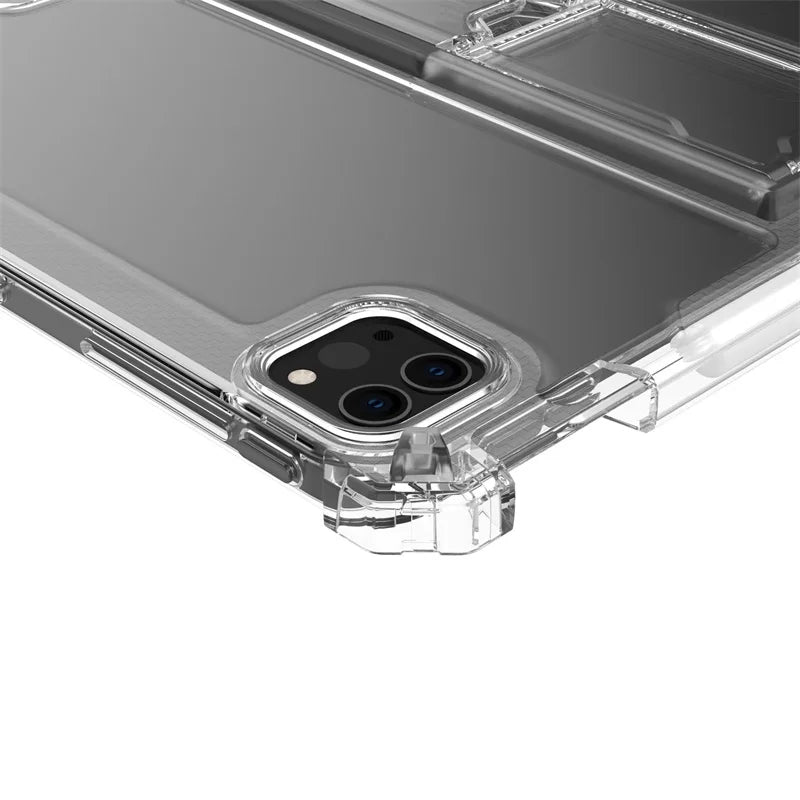 A clear protective case for an iPad showing the back and camera module.
