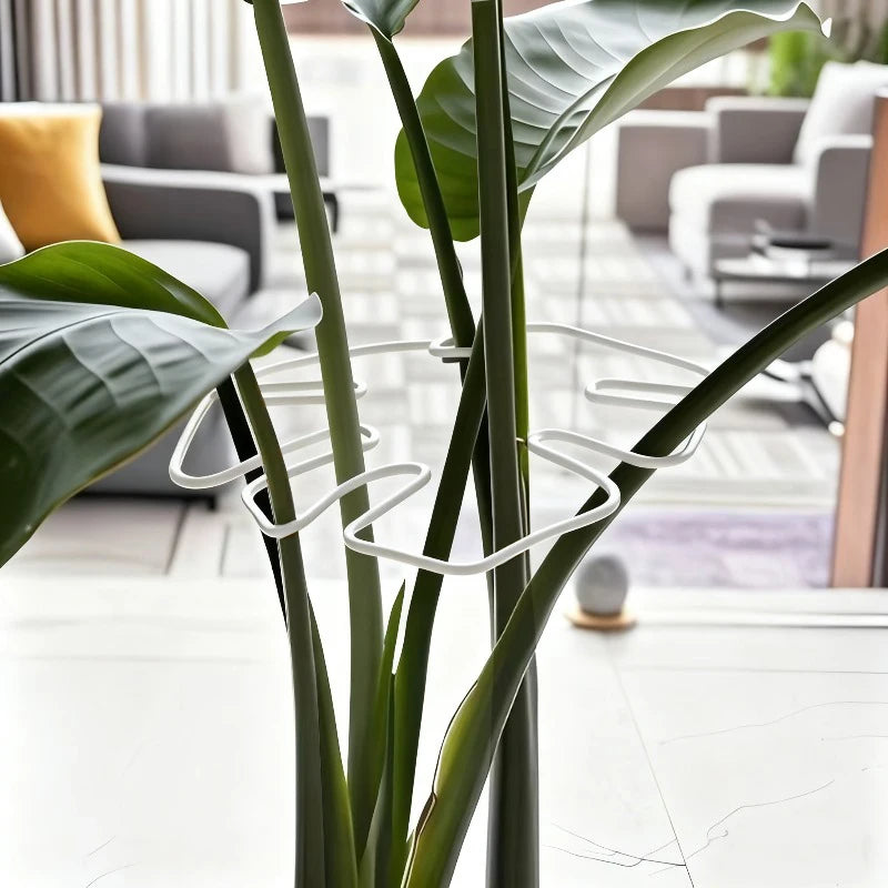 A close-up of a sturdy metal Monstera plant support frame with large green leaves in a modern indoor setting.