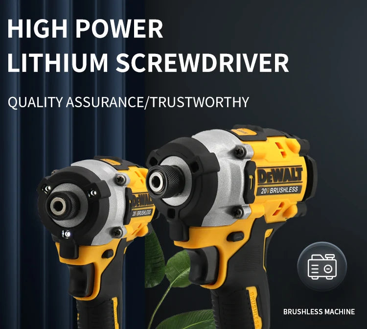 A yellow and black DeWalt high power lithium screwdriver tool is shown against a dark background.