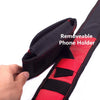 A black and red removable phone holder attached to a tool belt strap.