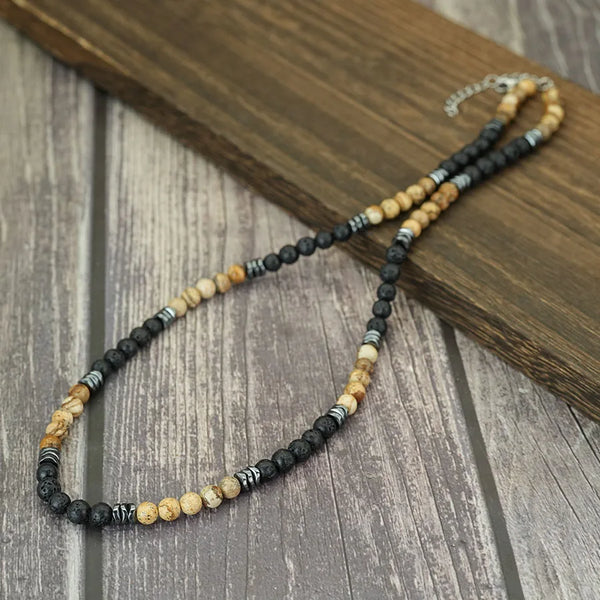 Collier en perles d'Œil-de-Tigre et Pierre de Lave