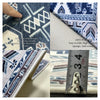 Close-up of a blue and white patterned anti-slip soft floor mat showing its texture and weave.