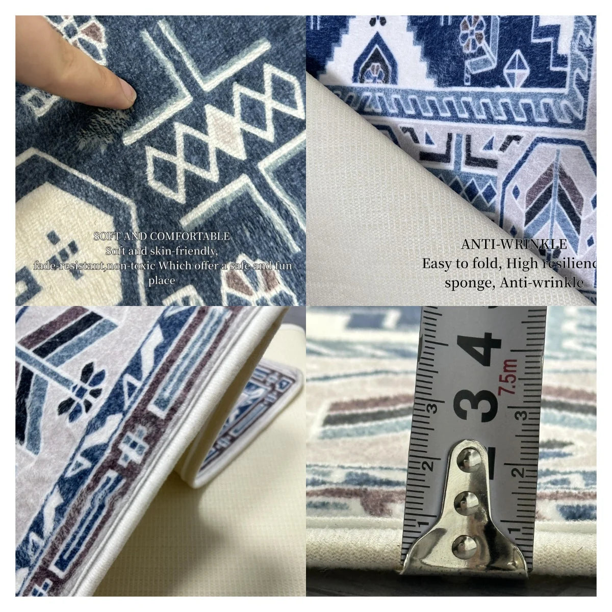 Close-up of a blue and white patterned anti-slip soft floor mat showing its texture and weave.
