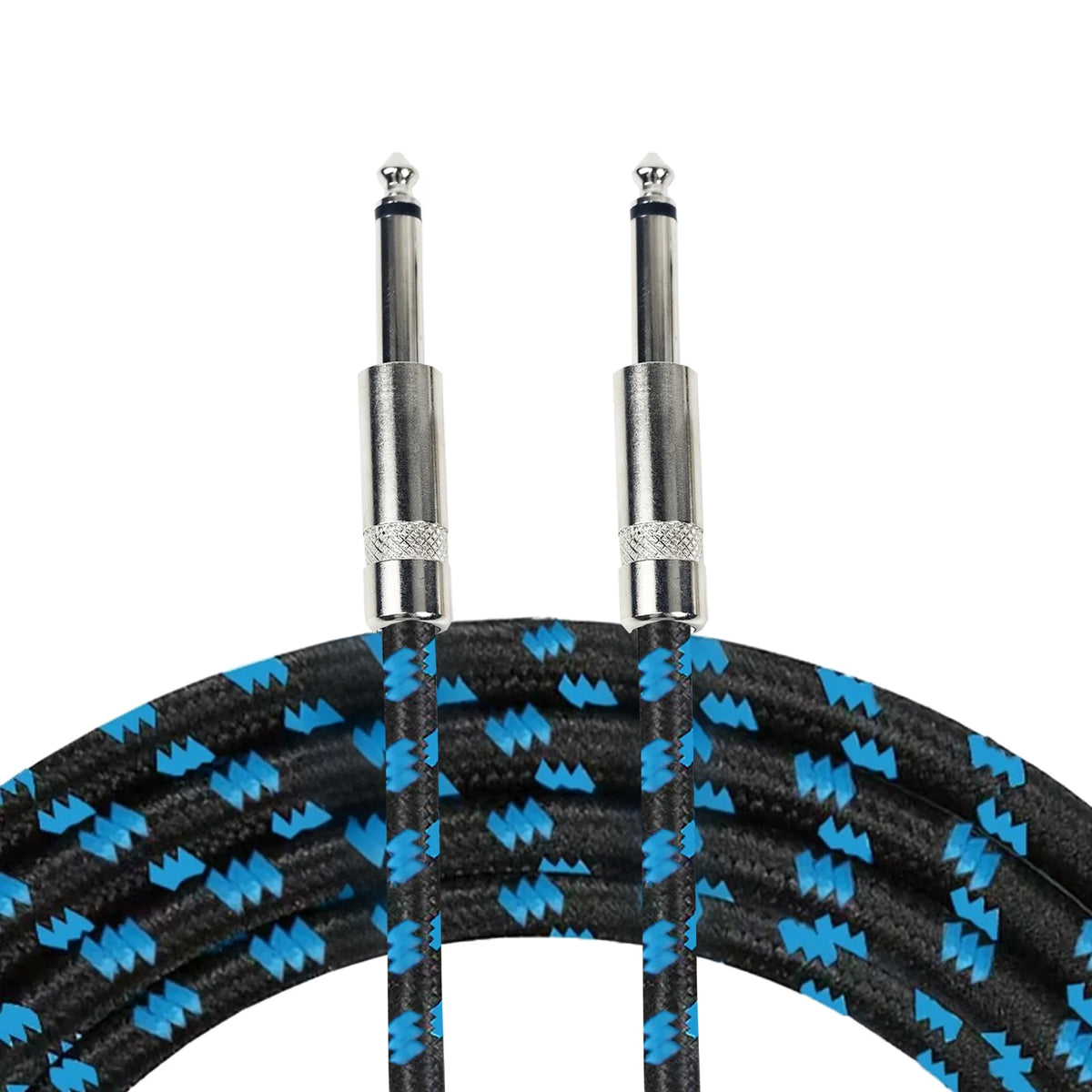 Braided 6.35mm guitar cable with low-noise design and right-angle connectors shown from the top.