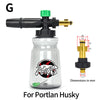 A clear plastic snow foam lance with a green cap and brass fitting for Portland Husky dogs.