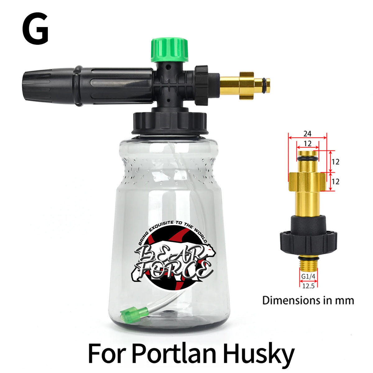 A clear plastic snow foam lance with a green cap and brass fitting for Portland Husky dogs.